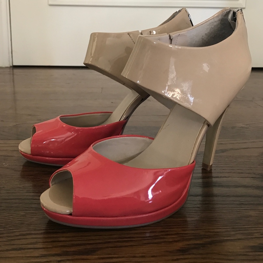 Beige and Coral Patent Peep-Toe High Heels